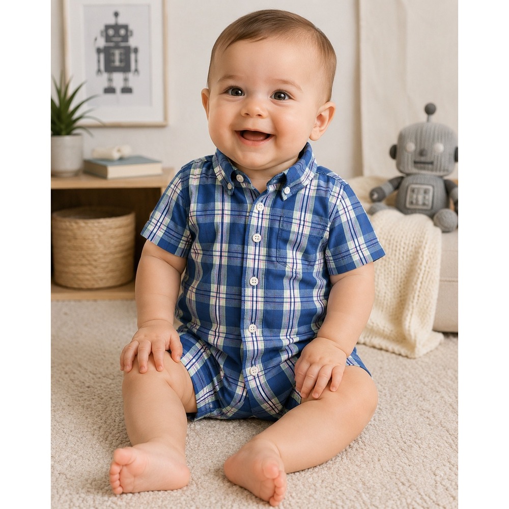 E-Land Boys Romper Size 6-12 Months Blue Plaid Button Front Down‎ Short Sleeves
